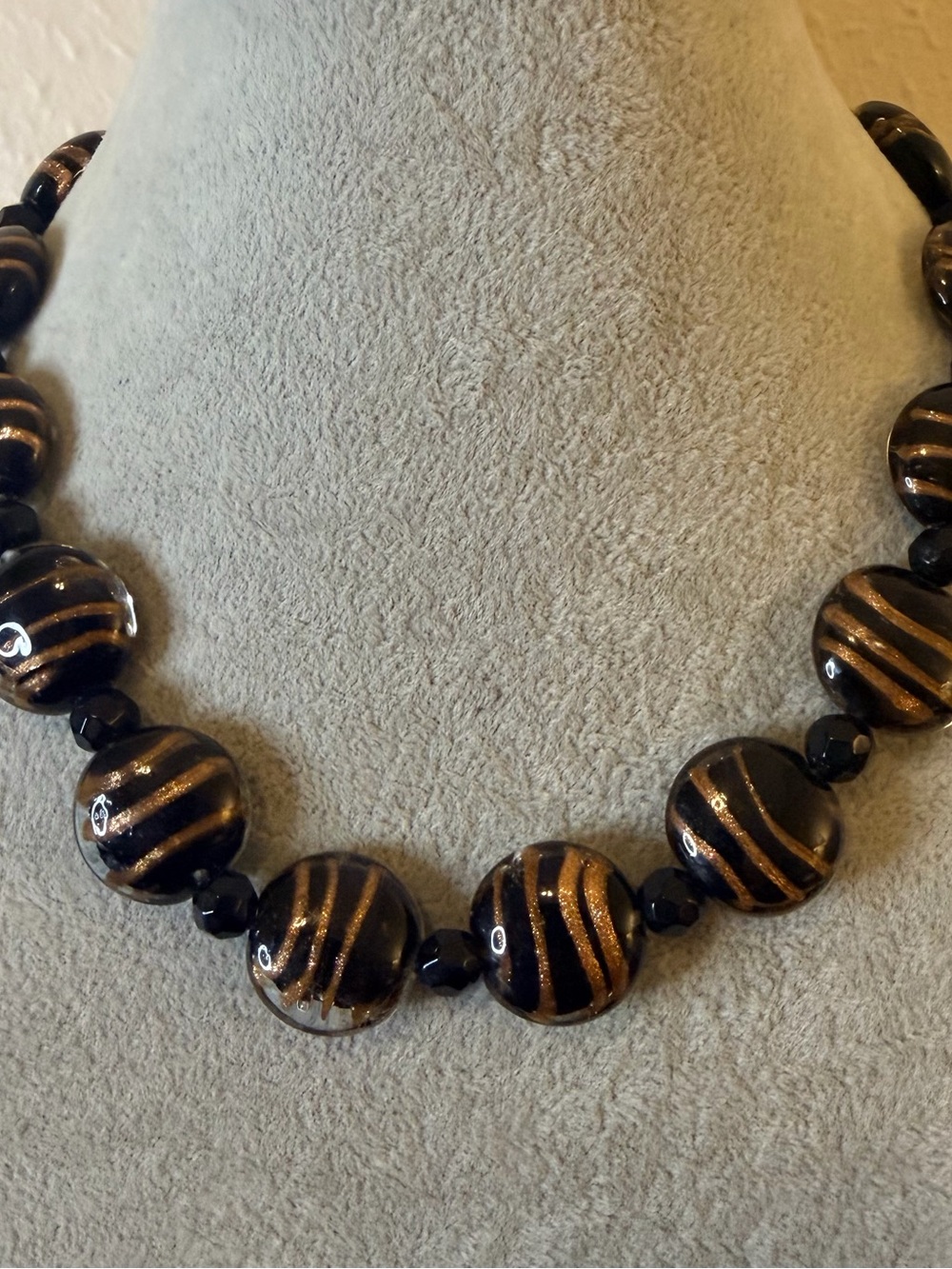Vintage Murano Glass Black Gold Swirl Necklace Venetian Lampwork Chunky